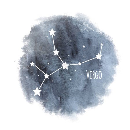 Virgo zodiac sign constellation on watercolor background isolated on white, horoscope character, white constellation in the dark sky