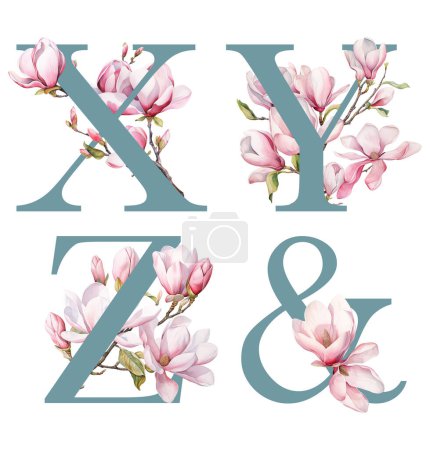 Foto de Conjunto de letras florales X-Z con flores de magnolia primaveral, ilustración aislada sobre fondo blanco, para monograma de boda, tarjetas de felicitación, logotipo - Imagen libre de derechos