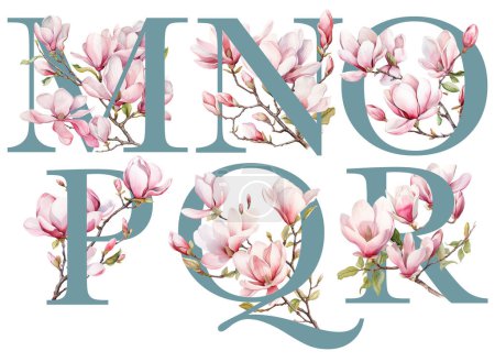 Photo for Set of floral letters M-R with spring magnolia flowers, isolated illustration on white background, for wedding monogram, greeting cards, logo - Royalty Free Image