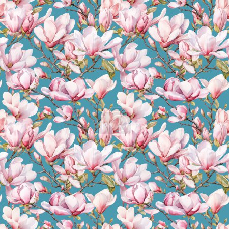 Photo for Seamless pattern of watercolor spring blooming magnolia tree branches, floral pattern on teal background - Royalty Free Image