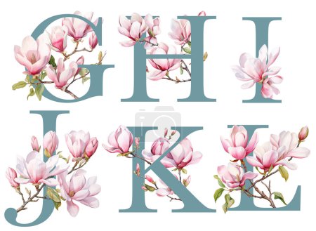 Photo for Set of floral letters G-L with spring magnolia flowers, isolated illustration on white background, for wedding monogram, greeting cards, logo - Royalty Free Image