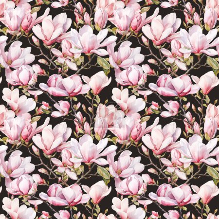 Foto de Patrón sin costuras de las ramas del árbol de magnolia floreciente de primavera de acuarela, patrón floral sobre fondo oscuro - Imagen libre de derechos
