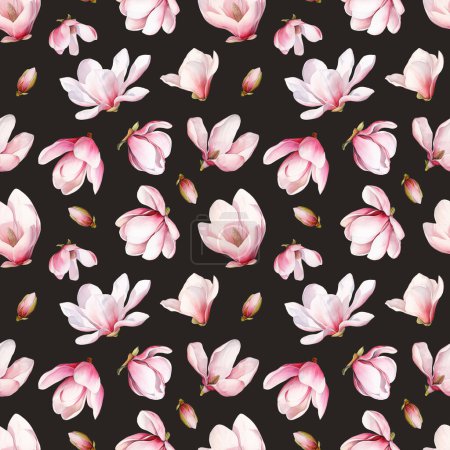 Photo for Seamless pattern of watercolor spring blooming magnolia flowers, floral pattern on dark background - Royalty Free Image