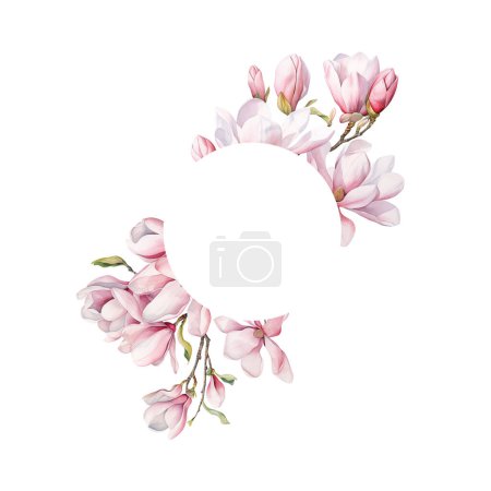 Foto de Marco redondo floral de acuarela con ramas y flores de árbol de magnolia, ilustración aislada para tarjetas de boda y vacaciones, carteles - Imagen libre de derechos