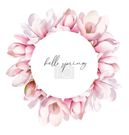 Téléchargez les photos : Aquarelle cadre rond floral avec magnolia et fleurs, illustration isolée pour cartes de mariage et de vacances, affiches - en image libre de droit