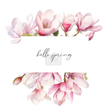 Téléchargez les photos : Cadre floral aquarelle avec branches et fleurs de magnolia, illustration isolée pour cartes de mariage et de vacances, affiches - en image libre de droit