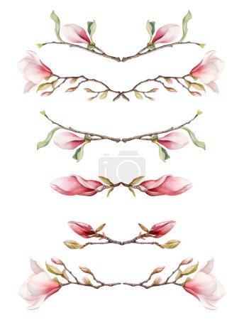 Téléchargez les photos : Aquarelle fleurissent les bordures et les diviseurs avec des branches d'arbre magnolia et des fleurs, illustration isolée pour les cartes de mariage et de vacances, affiches - en image libre de droit