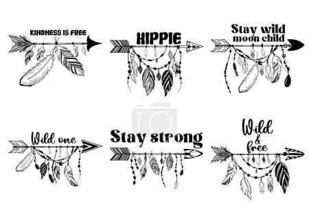 Flechas tribales de estilo boho con plumas y decoración étnica, ilustración vectorial; motivos indios americanos, dicho motivacional