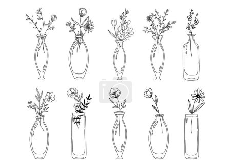 Téléchargez les illustrations : Fleurs sauvages dans des bouteilles en verre vintage, fleurs dans un pot, clipart botanique, illustration vectorielle simple doodle - en licence libre de droit