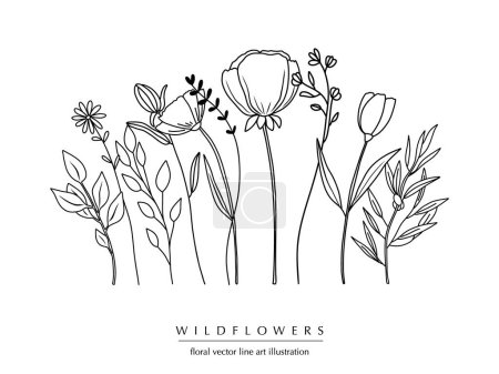 Illustration for Botanical abstract line art composition with wildflowers, minimal floral border of hand drawn herbs, flowers, leaves and branches; vector illustration - Royalty Free Image