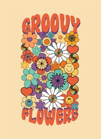 Téléchargez les illustrations : Composition florale de fleurs rétro groovy, concept hippie, illustration vectorielle isolée - en licence libre de droit