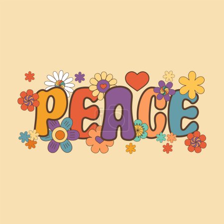 Téléchargez les illustrations : Mot de paix avec des fleurs, clipart floral hippie, illustration vectorielle isolée - en licence libre de droit