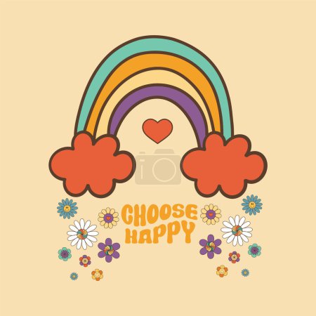 Téléchargez les illustrations : Groovy arc-en-ciel rétro avec des fleurs et des nuages, clipart floral hippie, illustration vectorielle isolée, Choisissez slogan heureux - en licence libre de droit