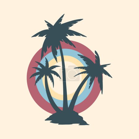 Illustration for Summer holiday vector illustration; retro summer vacation, beach, sunset, ocean waves, palm trees elements and symbols - Royalty Free Image