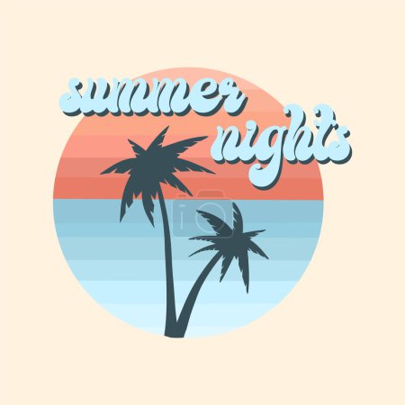 Téléchargez les illustrations : Illustration vectorielle des vacances d'été ; vacances d'été rétro, plage, coucher de soleil, vagues océaniques, éléments et symboles de palmiers, slogan de la nuit d'été - en licence libre de droit