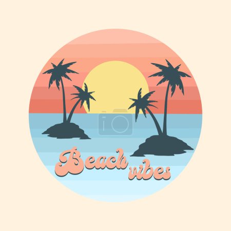 Illustration for Summer holiday vector illustration; retro summer vacation, beach, sunset, ocean waves, palm trees elements and symbols, Beach life slogan - Royalty Free Image