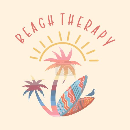 Téléchargez les illustrations : Illustration vectorielle des vacances d'été ; vacances d'été rétro, surf, plage, coucher de soleil, vagues océaniques, éléments et symboles de palmiers, slogan Beach therapy - en licence libre de droit