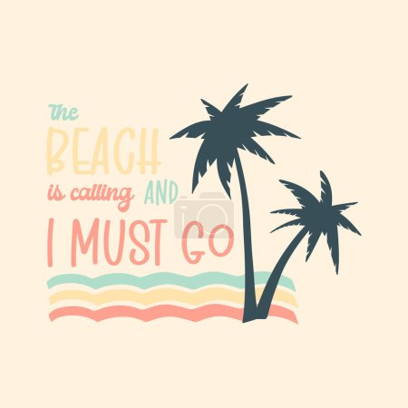 Illustration for Summer holiday vector illustration; retro summer vacation, surfing, beach, sunset, ocean waves, palm trees elements and symbols - Royalty Free Image