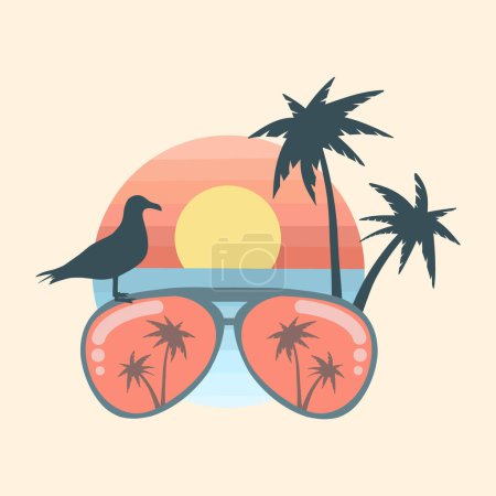 Téléchargez les illustrations : Illustration vectorielle des vacances d'été ; vacances d'été rétro, lunettes de soleil, plage, coucher de soleil, vagues océaniques, éléments et symboles de palmiers - en licence libre de droit