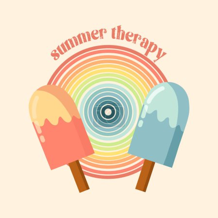 Illustration for Summer holiday vector illustration; retro summer vacation, artistic sun and ice cream elements and symbols, Summer therapy slogan - Royalty Free Image