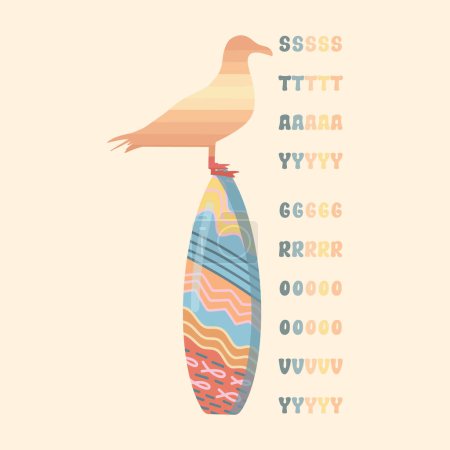 Illustration for Summer holiday vector illustration; retro summer vacation, surfing, beach, sunset, seagull,  Stay groovy slogan - Royalty Free Image