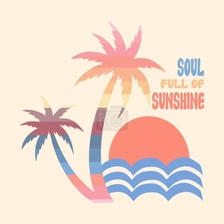Illustration for Summer holiday vector illustration; retro summer vacation, surfing, beach, sunset, ocean waves, palm trees elements and symbols - Royalty Free Image