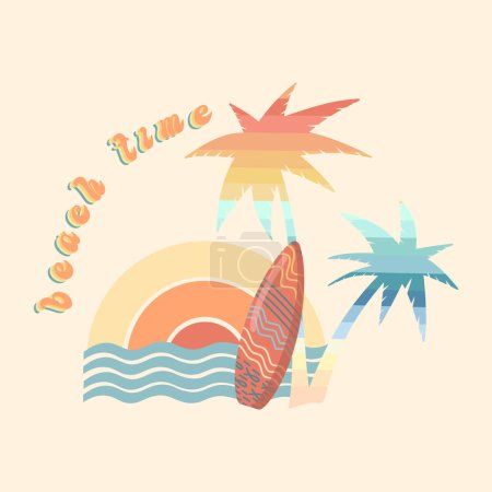 Ilustración de Ilustración vectorial de vacaciones de verano; vacaciones de verano retro, surf, playa, puesta de sol, olas del océano, elementos de palmeras y símbolos - Imagen libre de derechos