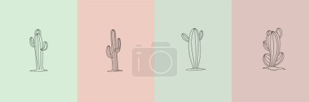 Illustration for Vector set of cactus illustrations in minimal linear style, hand drawn desert cactuses, minimal floral line art drawing - Royalty Free Image