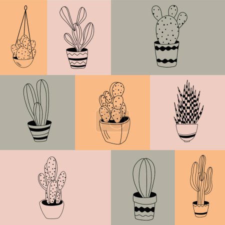 Illustration for Vector set of cactus illustrations in minimal linear style, hand drawn cacti in pots, minimal floral line art drawing, pre-made poster - Royalty Free Image