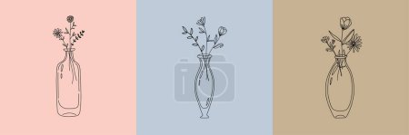 Ilustración de Conjunto vectorial de ilustraciones botánicas en estilo lineal minimalista, botellas de vidrio vintage con flores, logotipo floral moderno minimalista - Imagen libre de derechos