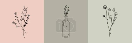 Illustration for Vector set of botanical illustrations in minimal linear style, minimalistic modern floral logo - Royalty Free Image