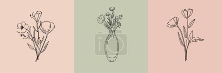 Illustration for Vector set of botanical illustrations in minimal linear style, minimalistic modern flower logo - Royalty Free Image