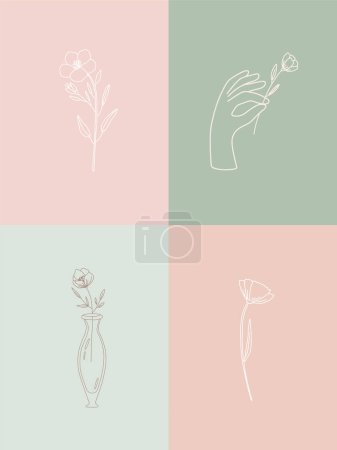 Illustration for Vector set of botanical illustrations in minimal linear style, hand drawn elegant wildflowers, female hand and vintage glass vase, minimal floral line art drawing, pre-made art poster - Royalty Free Image