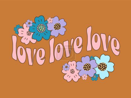Ilustración de Composición floral de flores retro groovy, concepto hippie, ilustración vectorial aislada, eslogan Love Love Love - Imagen libre de derechos