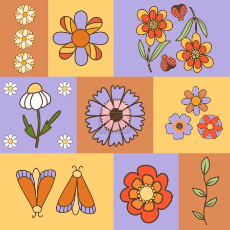 Téléchargez les illustrations : Affiche pré-dessinée avec fleurs rétro, ensemble vectoriel avec éléments floraux rétro colorés groovy, papillons de nuit et punaises - en licence libre de droit