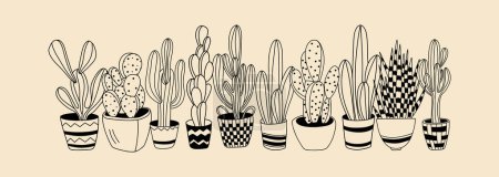 Téléchargez les illustrations : Plantes de cactus en pots ; illustration vectorielle de plantes d'intérieur dessinée à la main ; clipart isolé de cactus - en licence libre de droit