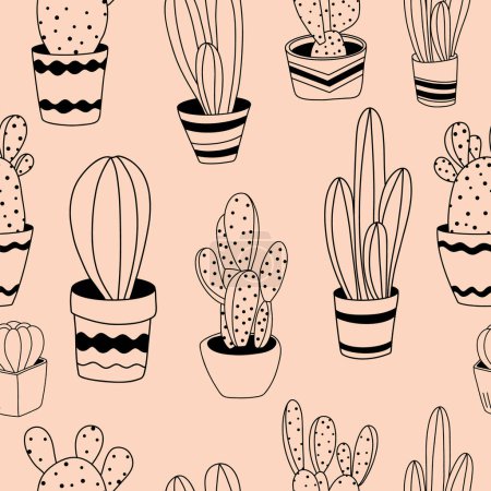Illustration for Seamless pattern of cactus plants in pots; hand drawn houseplants vector illustration - Royalty Free Image