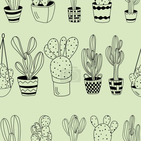 Téléchargez les illustrations : Modèle sans couture de plantes de cactus dans des pots ; illustration vectorielle de plantes d'intérieur dessinée à la main - en licence libre de droit