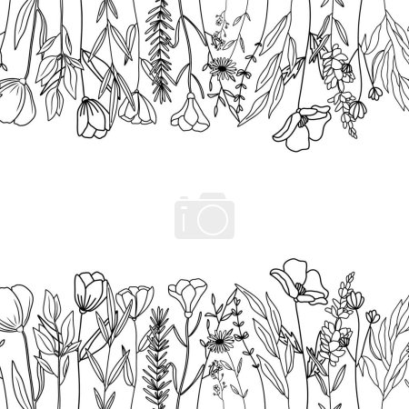 Illustration for Floral vector card, invitation and greeting card template in minimal style, hand drawn line art wildflowers - Royalty Free Image