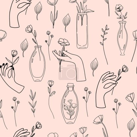Illustration for Seamless floral vector pattern, elegant female hands, vintage bottles and wildflowers in minimal style background, hand drawn line art flowers and plants - Royalty Free Image