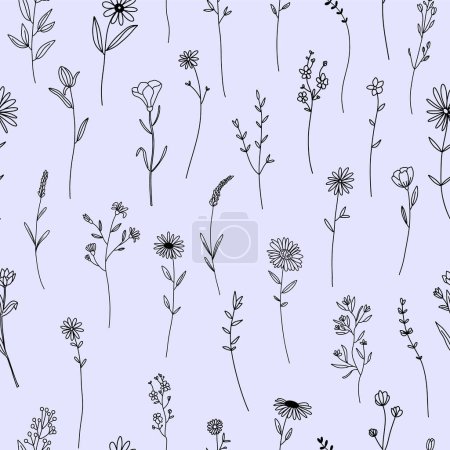Illustration for Seamless floral vector pattern, elegant branches and wildflowers in minimal style background, hand drawn line art flowers and plants - Royalty Free Image