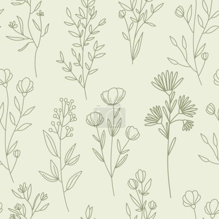 Illustration for Seamless floral vector pattern, elegant branches and wildflowers in minimal style background, hand drawn line art flowers and plants - Royalty Free Image
