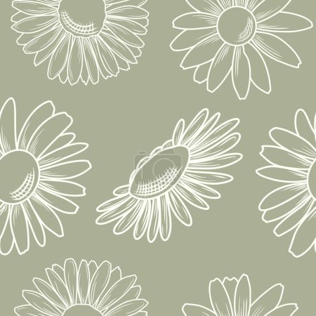 Ilustración de Patrón de vector floral sin costuras, flores de margarita en un fondo de estilo minimalista, flores de arte de línea dibujadas a mano - Imagen libre de derechos