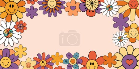 Téléchargez les illustrations : Fond vectoriel floral, modèle de carte d'invitation et de voeux dans un style rétro groovy, fleurs drôles dessinées à la main - en licence libre de droit
