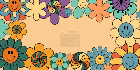 Téléchargez les illustrations : Fond vectoriel floral, modèle de carte d'invitation et de voeux dans un style rétro groovy, fleurs drôles dessinées à la main - en licence libre de droit