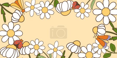 Téléchargez les illustrations : Fond vectoriel floral avec fleurs de marguerite rétro, modèle de carte d'invitation et de voeux dans un style rétro groovy, fleurs rétro dessinées à la main - en licence libre de droit