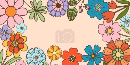Téléchargez les illustrations : Fond vectoriel floral, modèle de carte d'invitation et de voeux dans un style rétro groovy, fleurs sauvages rétro dessinées à la main - en licence libre de droit