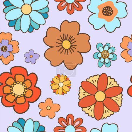 Téléchargez les illustrations : Motif floral vectoriel sans couture dans un style rétro groovy, fleurs sauvages colorées dessinées à la main, ornement floral rétro - en licence libre de droit