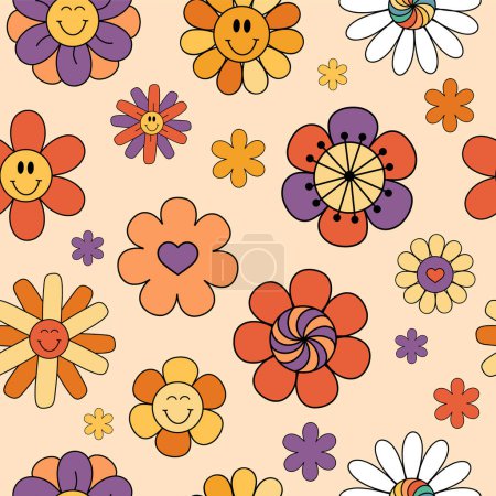 Téléchargez les illustrations : Motif floral vectoriel sans couture dans un style rétro groovy, fleurs drôles dessinées à la main, ornement floral rétro - en licence libre de droit