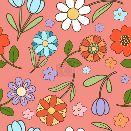 Téléchargez les illustrations : Motif floral vectoriel sans couture avec fleurs sauvages rétro, ornement floral rétro - en licence libre de droit